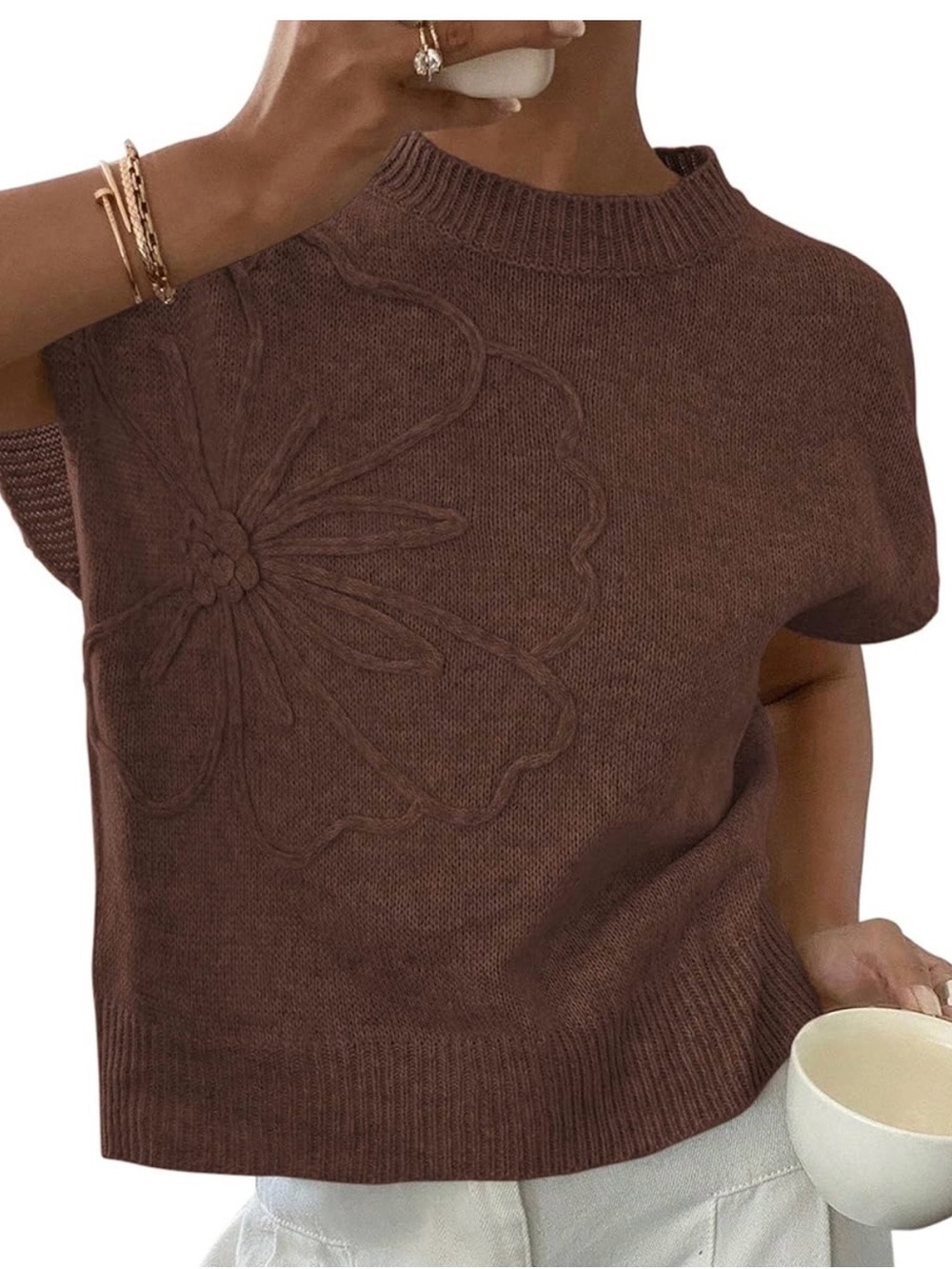 Brown Floral-Embossed Short-Sleeve Knit Sweater